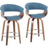 Vintage Mod 26" Swivel Counter Stool in Walnut Wood & Blue Fabric w/ Chrome Footrest (Set of 2)